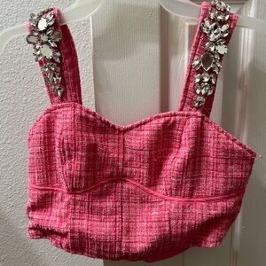 Pink tweed bedazzled sparkly tank crop top paris France